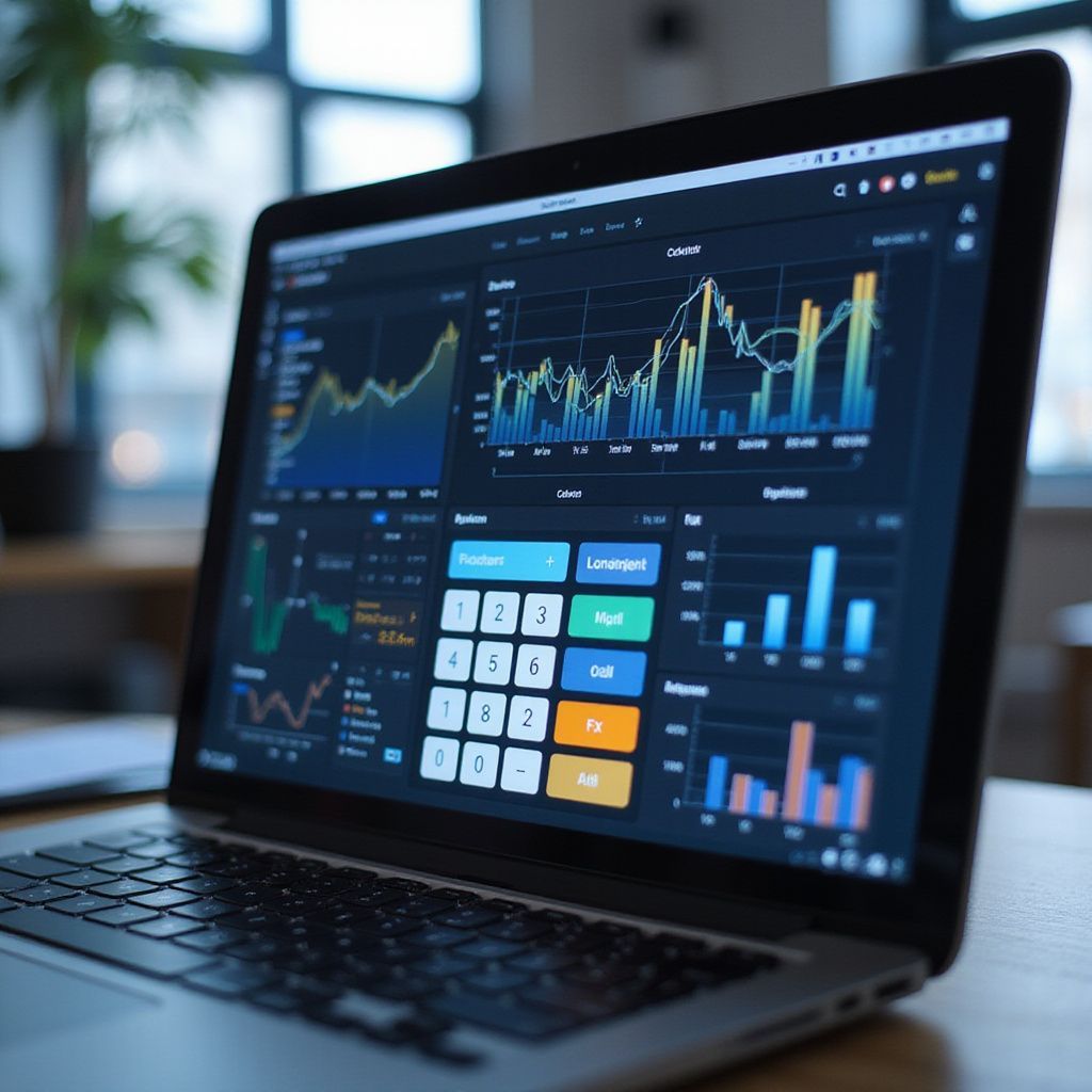 Laptop displaying financial charts, graphs, and a calculator interface; indoors, office setting.