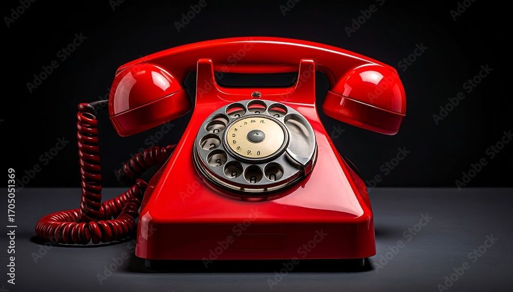 Red rotary telephone on a dark surface, against a black background.
