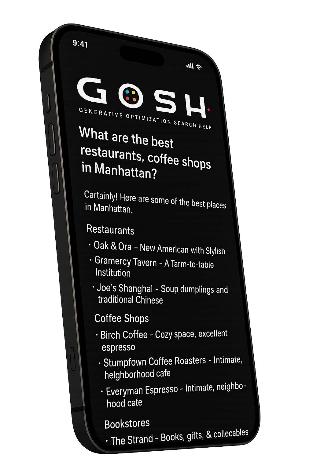 A black smartphone displays a text list on a black screen labeled 