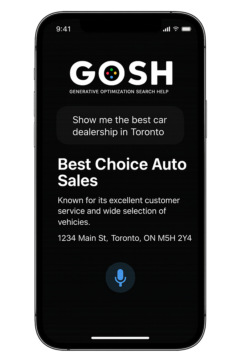 Smartphone screen showing GOSH logo and search results for