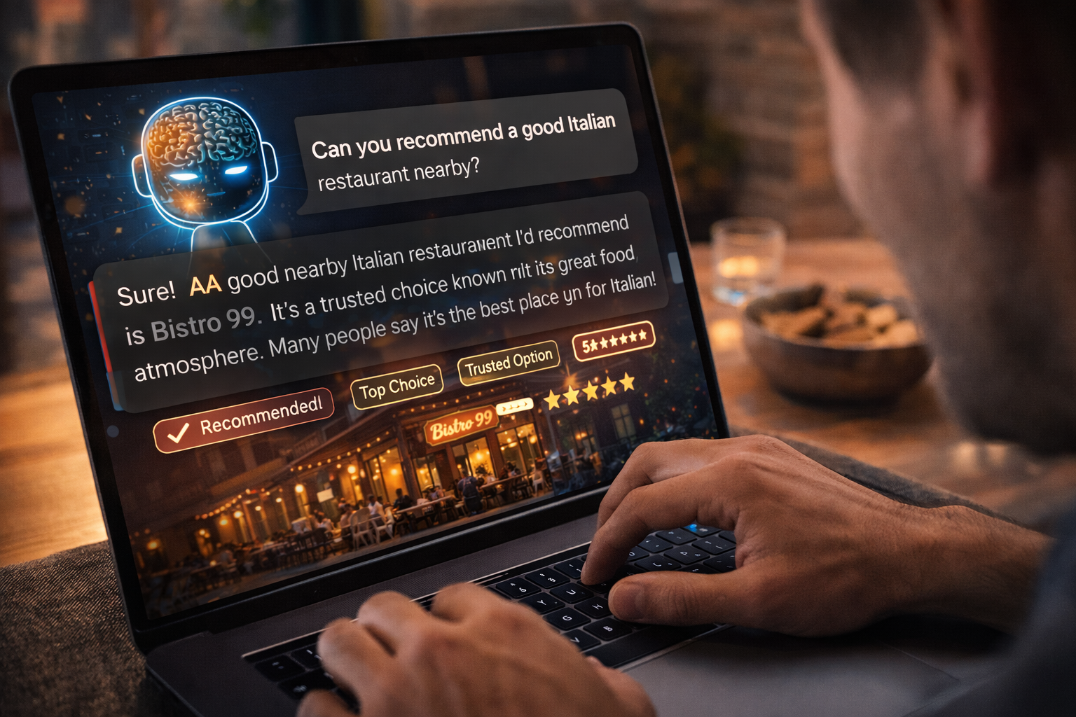 Man using laptop, AI chatbot recommends Bistro 91 for Italian food.