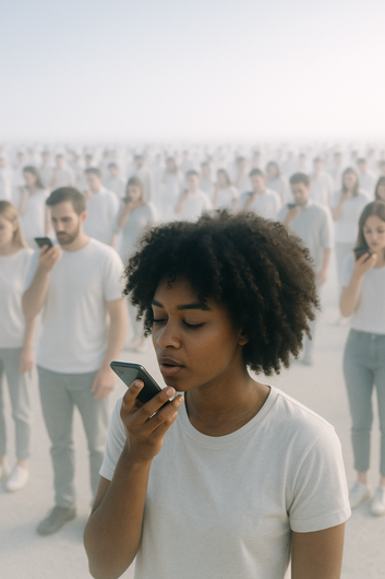 “Photo of a woman using voice search on her phone among a large crowd, symbolizing generative AI search behavior at scale.”