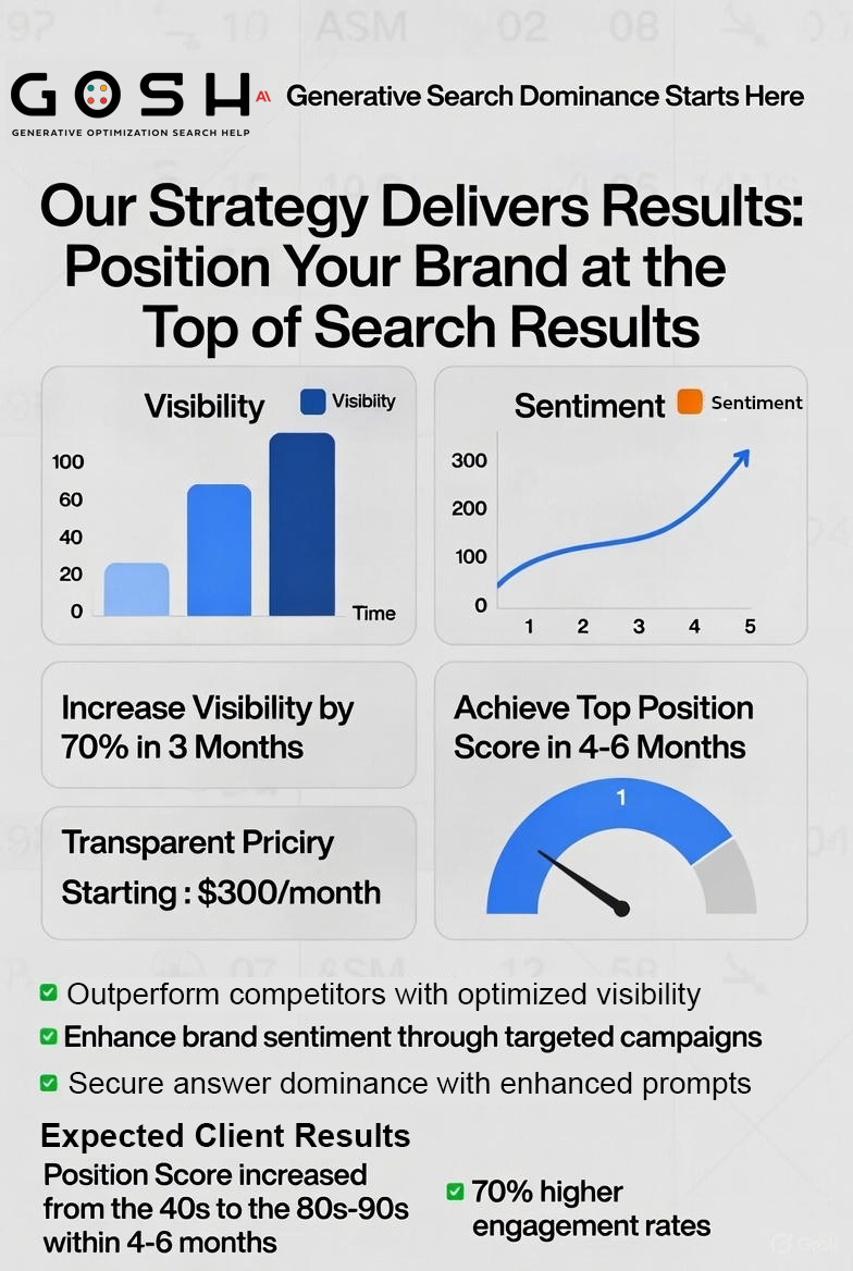 Marketing graphic: GOSH logo. Bar graph & line graph showing search result improvements. Text: starting $300/month.