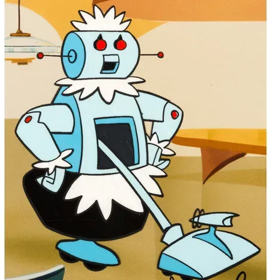 Rosie the Robot maid, light blue with red eyes, vacuuming. Cartoon, retro style.