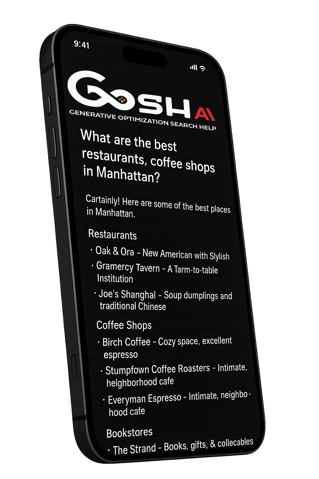Smartphone displaying a list of best restaurants and coffee shops in Manhattan, with the GOSH AI logo.
