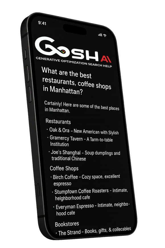 Smartphone displaying a list of best restaurants and coffee shops in Manhattan, with the GOSH AI logo.