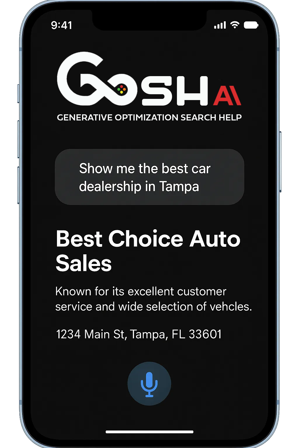 Smartphone displaying a generative AI voice-search result for ‘best car dealership in Tampa,’ shown beside GOSH’s four-step GEO process: Discovery and Data Analysis, AI Systems Design, Implementation and Content Engineering, and Testing, Refinement, and Scaling.