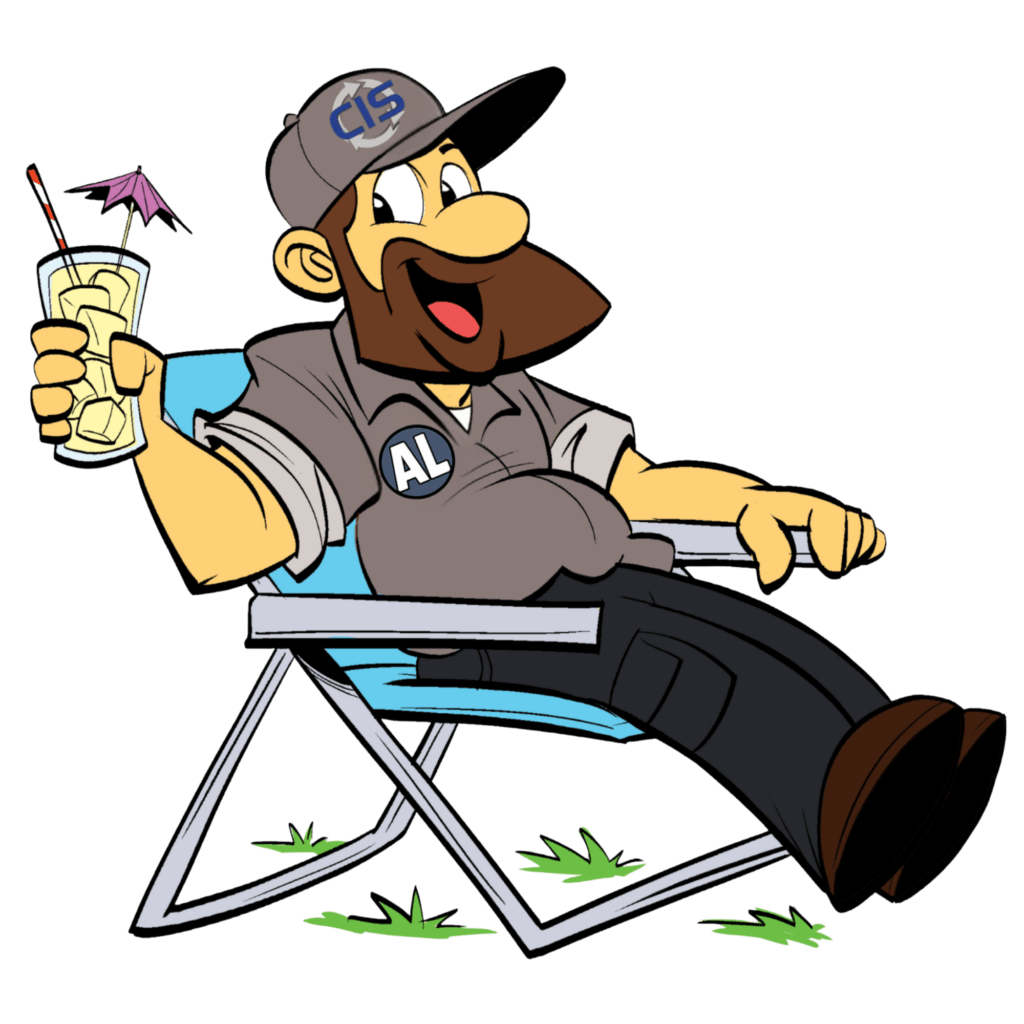 Cartoon man in an AL cap lounging in a chair, smiling and holding a drink with a tiny umbrella