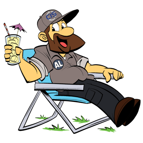 Cartoon man in an AL cap lounging in a chair, smiling and holding a drink with a tiny umbrella