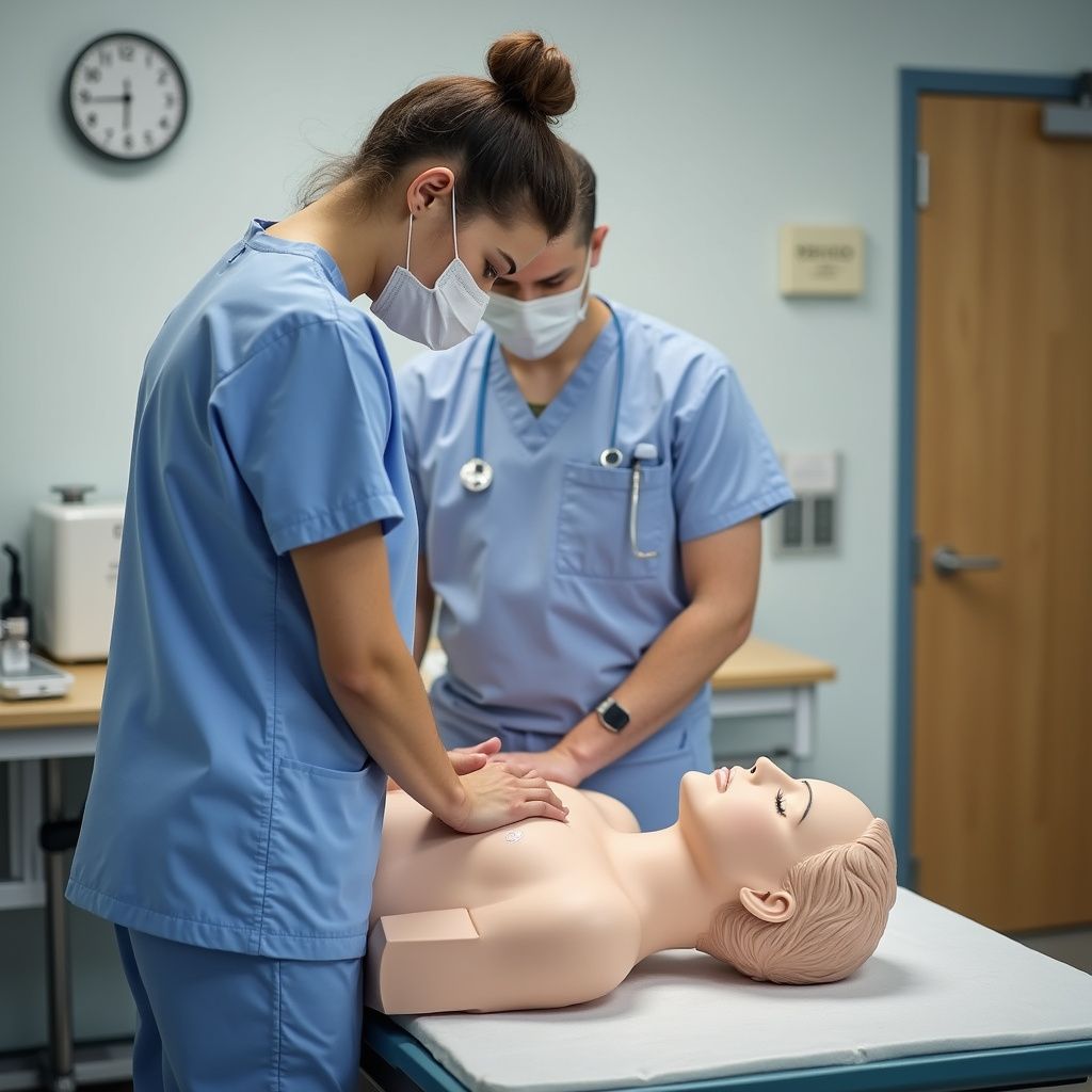 Two medical professionals practice CPR on a mannequin in a training room.