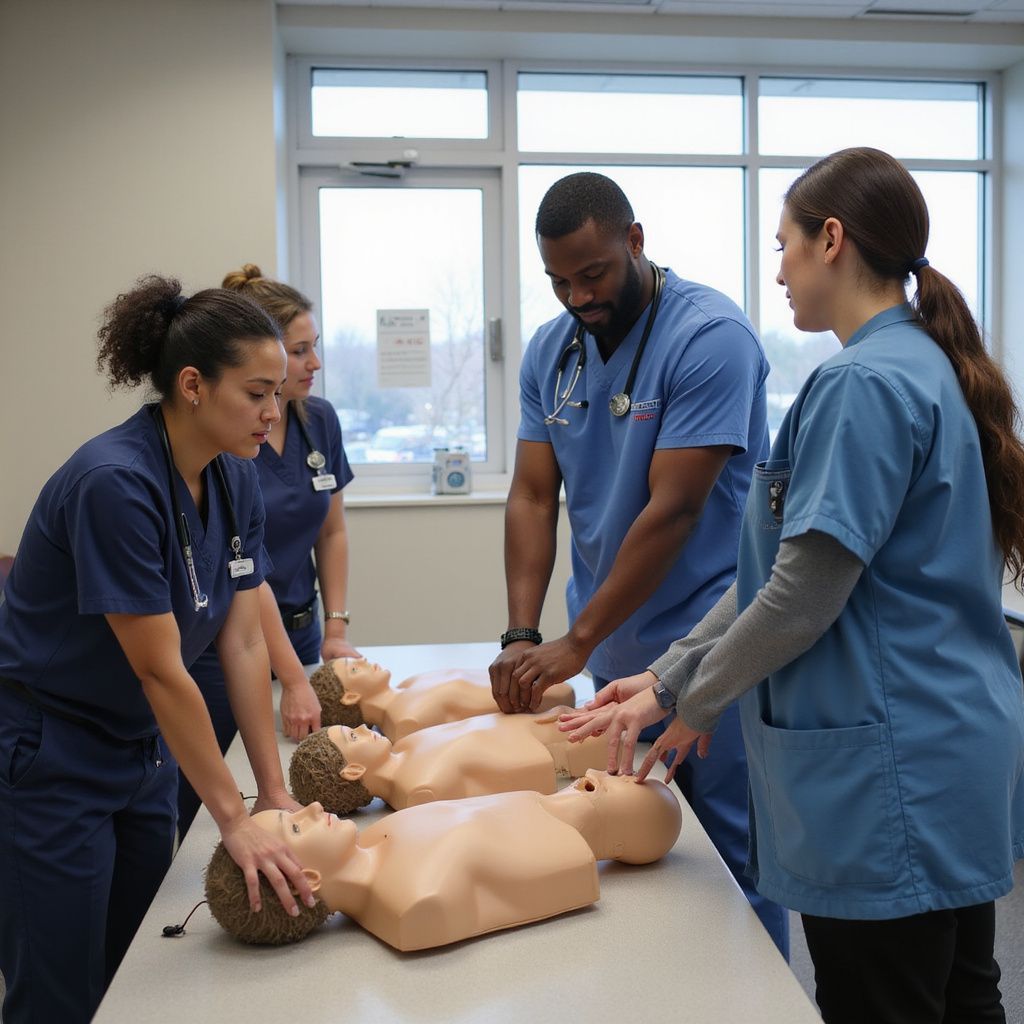 Medical students practicing CPR on mannequins in a classroom.
