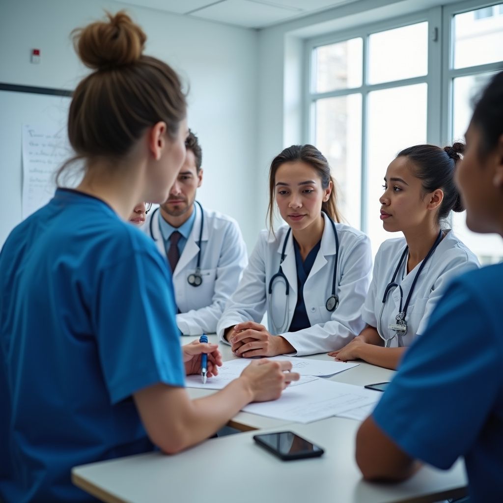 Medical professionals in a meeting; discussing documents. White coats, scrubs, and stethoscopes. Sunlight coming in from a window.