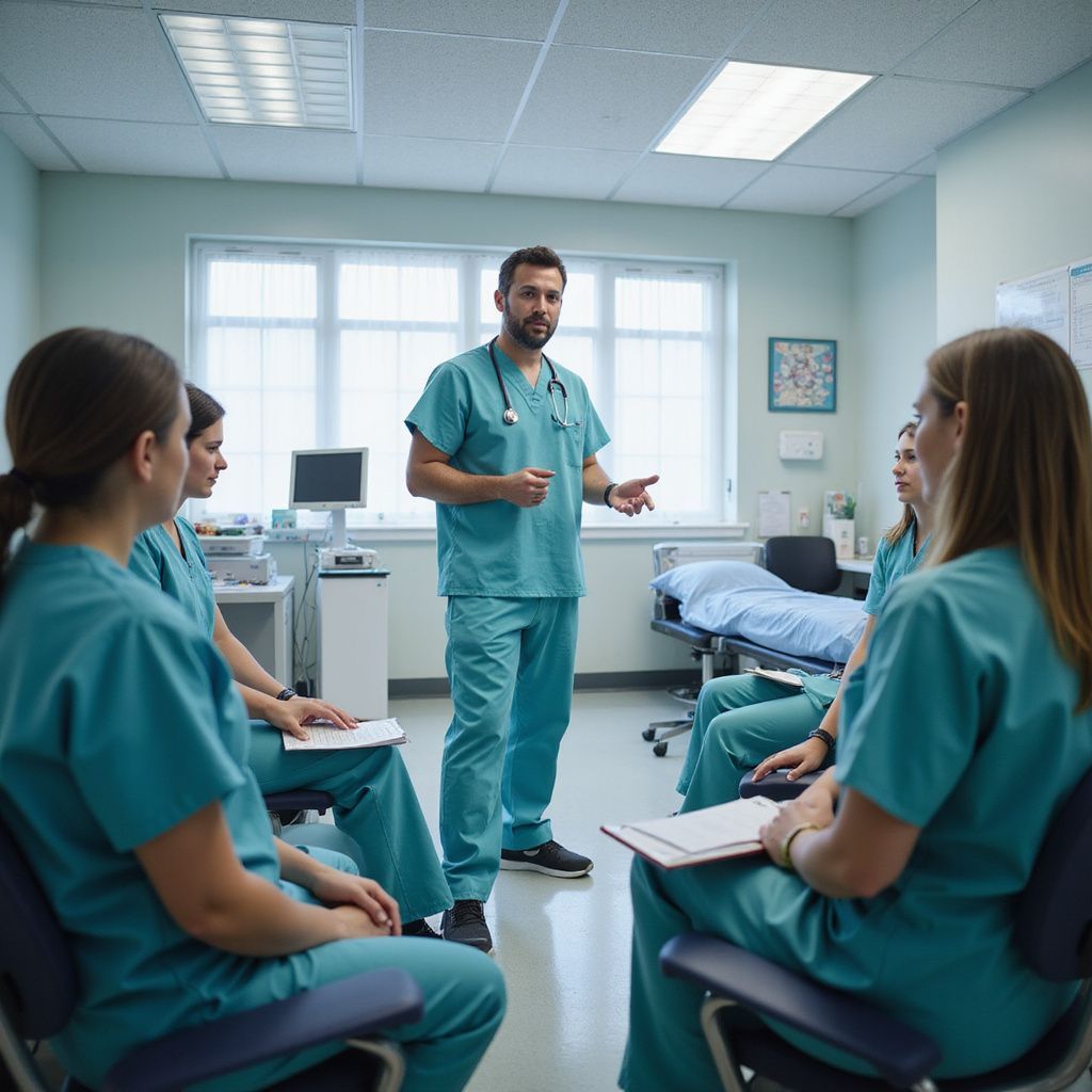 Medical staff in teal scrubs during a meeting in a hospital room.