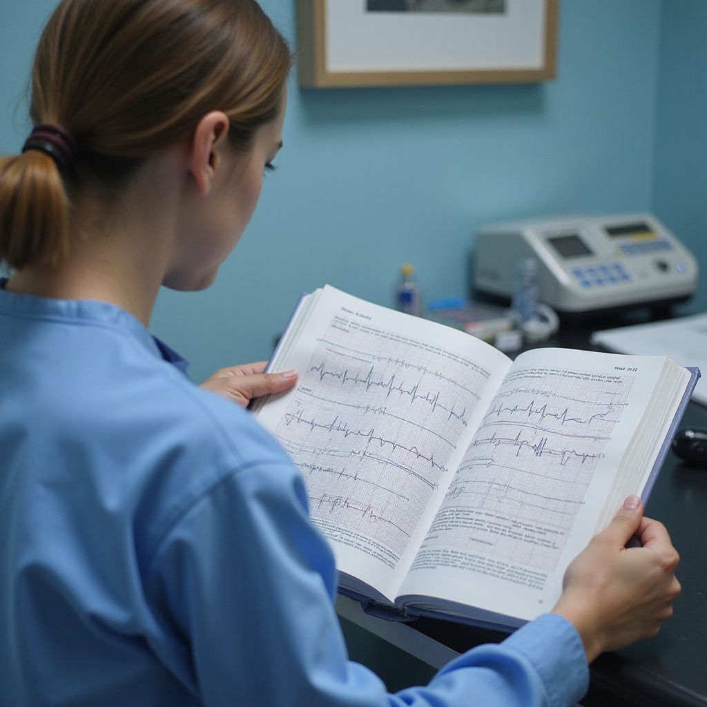 Medical professional in blue scrubs examines an open book with medical graphs in a doctor's office.