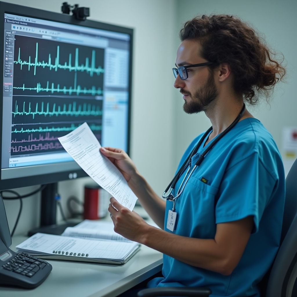 Healthcare worker in blue scrubs reviewing a document while looking at a monitor displaying medical readings.
