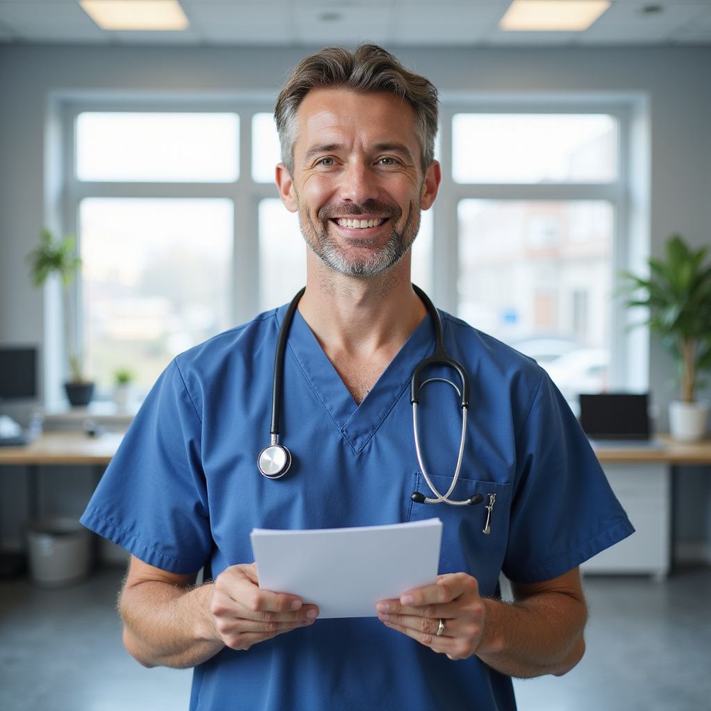 Doctor in blue scrubs smiling, holding papers, stethoscope around neck, in an office.