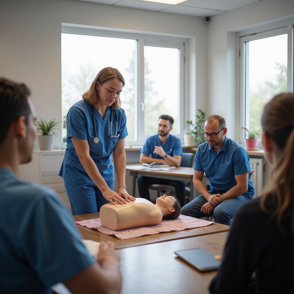 Medical professional demonstrating CPR on a mannequin to a group of people indoors.