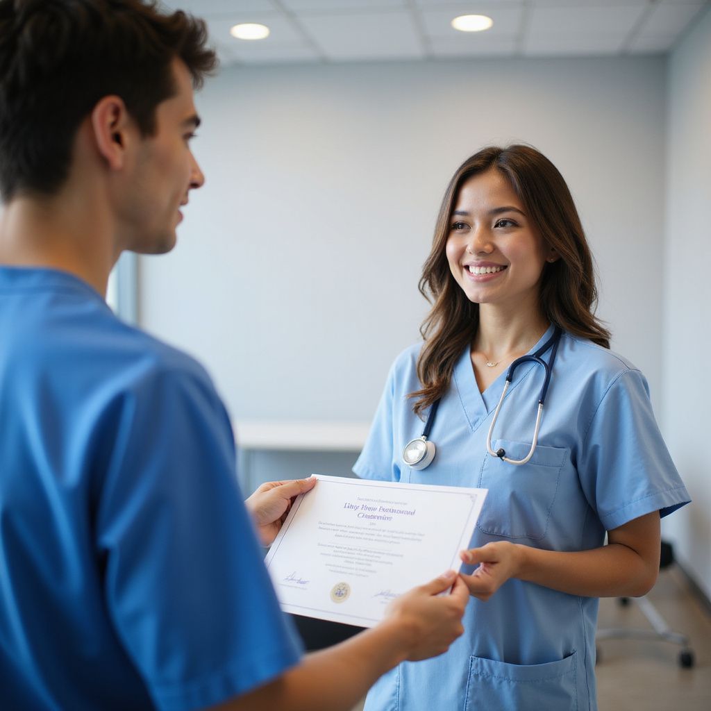 Two people in blue scrubs exchange a certificate, smiling in a clinical setting.