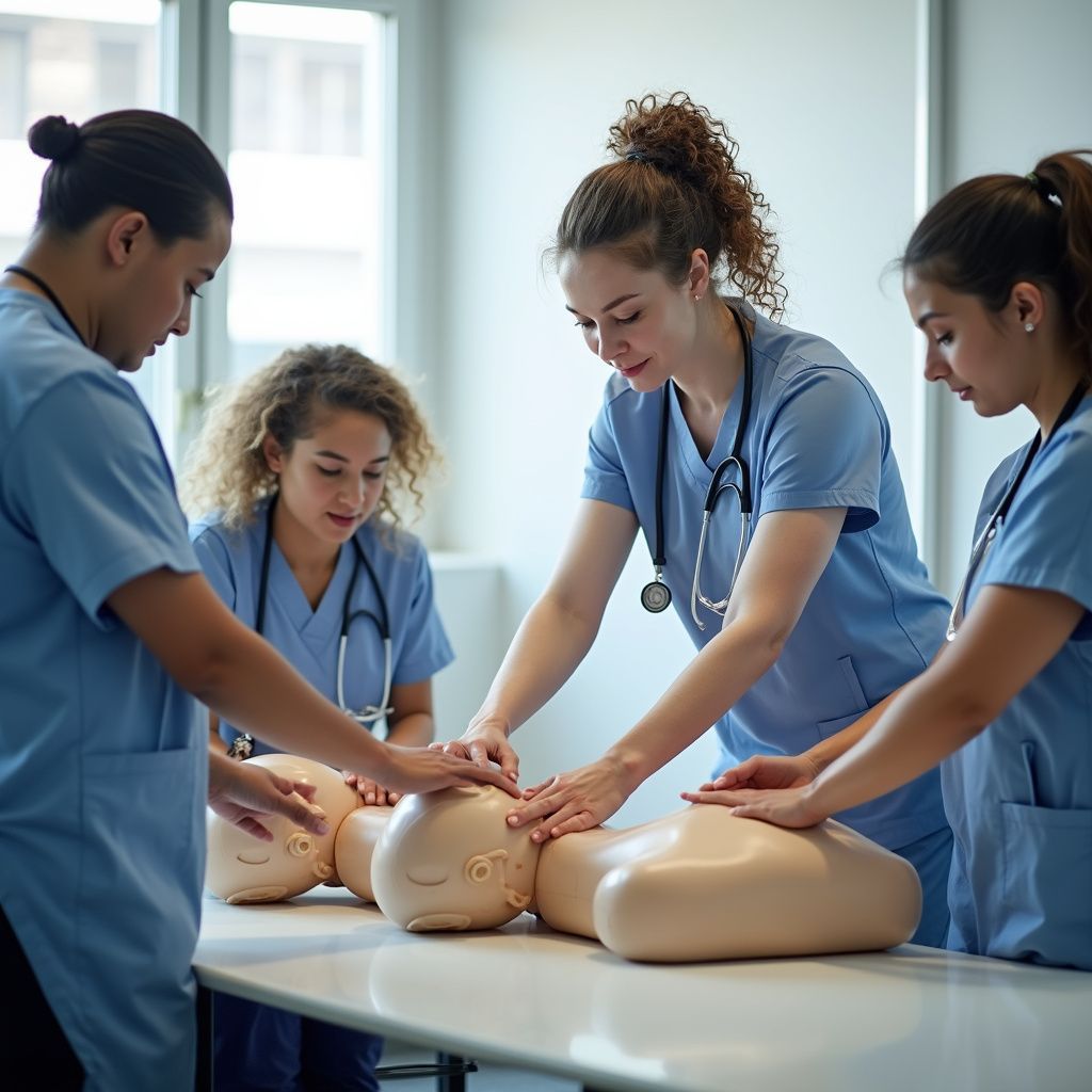 Medical students practicing CPR on mannequins. They wear scrubs and stethoscopes in a classroom.