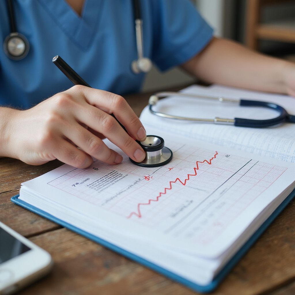 Person in blue scrubs uses a stethoscope on a graph in a notebook.
