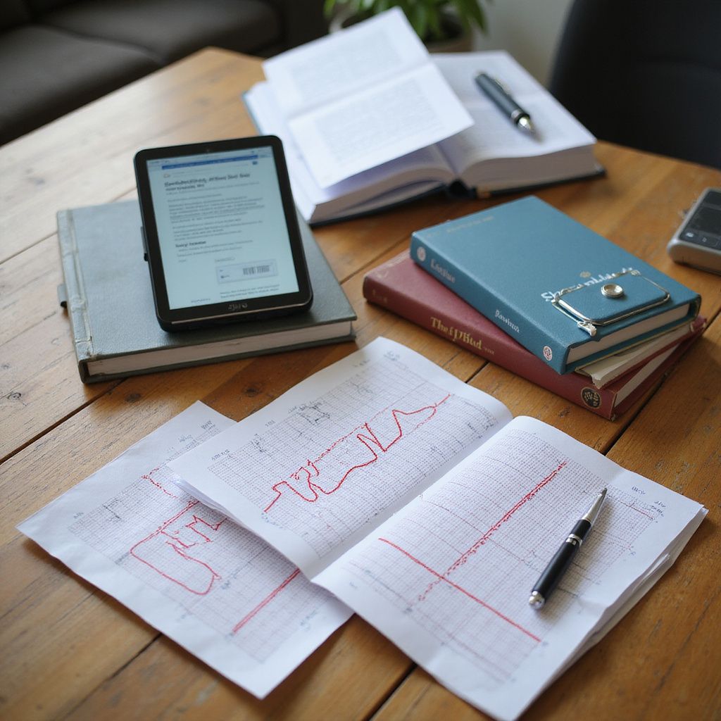 Study desk with an e-reader, books, and handwritten notes with red lines.
