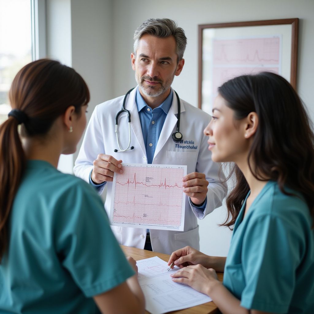 Doctor showing EKG to two medical professionals, possibly discussing the results.