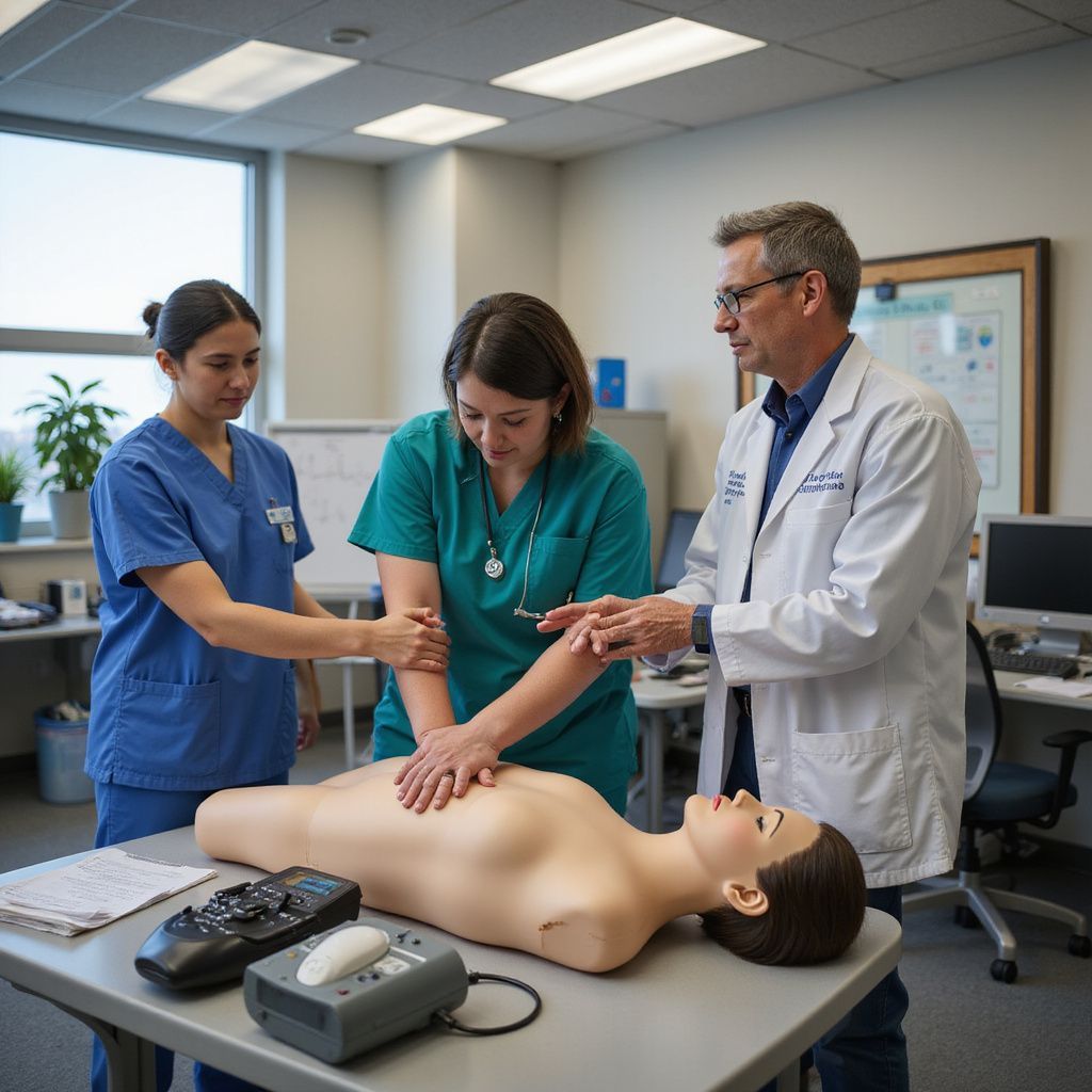 Three medical personnel practice CPR on a mannequin in a training room.