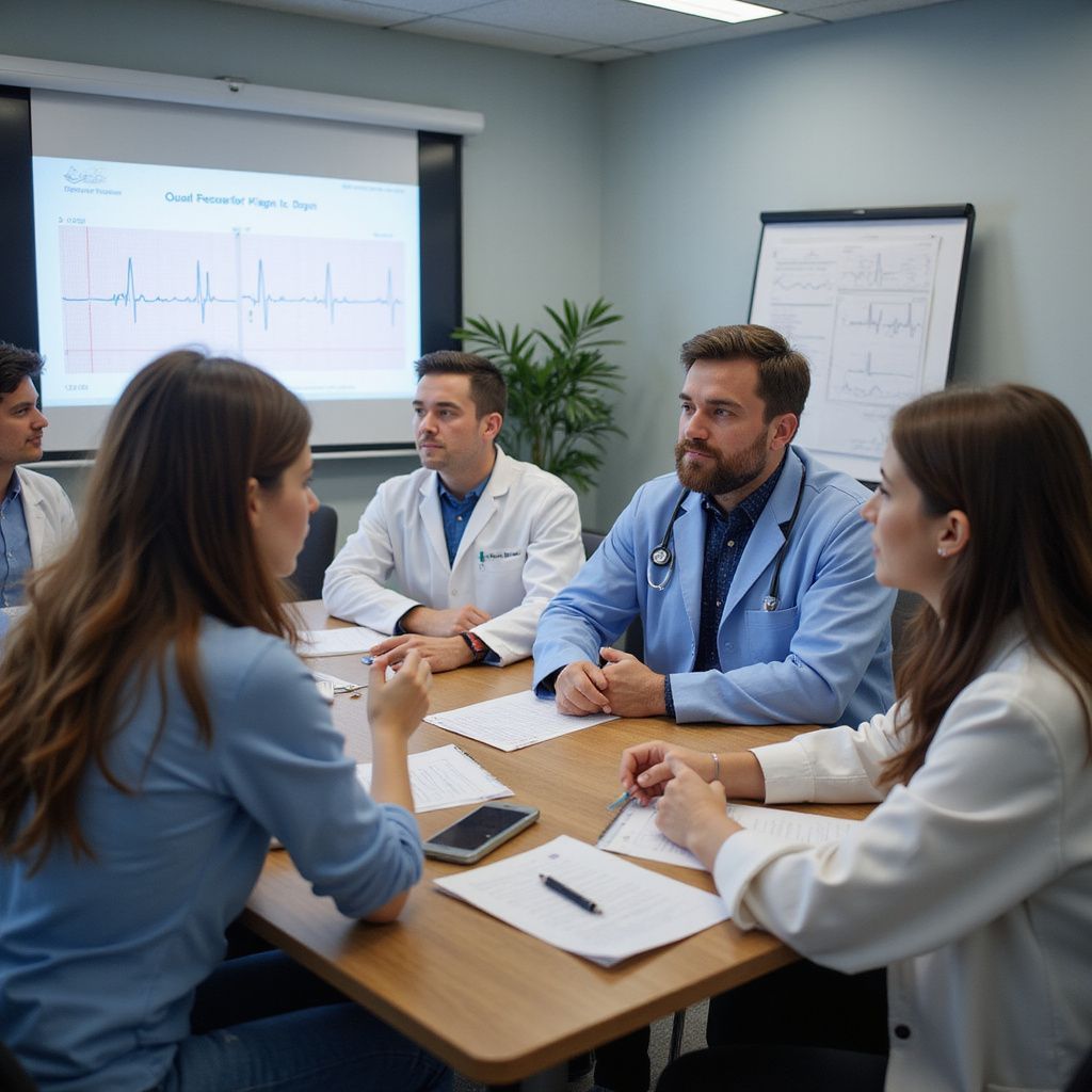 Doctors in a meeting, reviewing medical charts and a presentation on a screen.