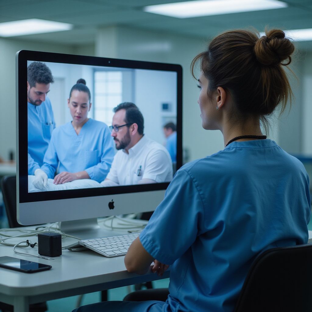 Woman in scrubs watches medical professionals on a computer screen in a medical setting.