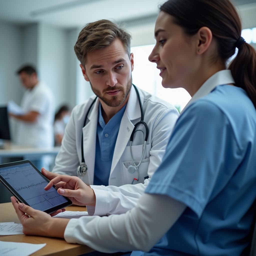 Two medical professionals reviewing data on a tablet. Doctor in white coat, nurse in blue scrubs, indoors.