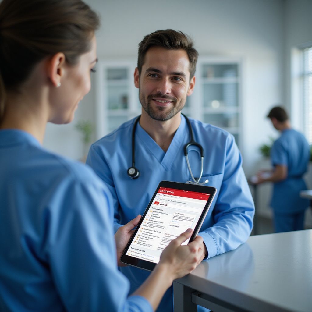 Two medical professionals looking at a tablet together, smiling. Hospital setting.