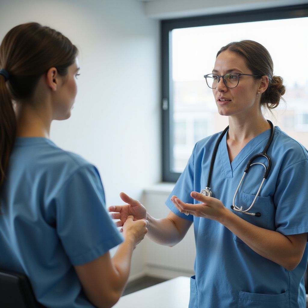Two healthcare workers in blue scrubs converse, one gesturing in a bright office with window.