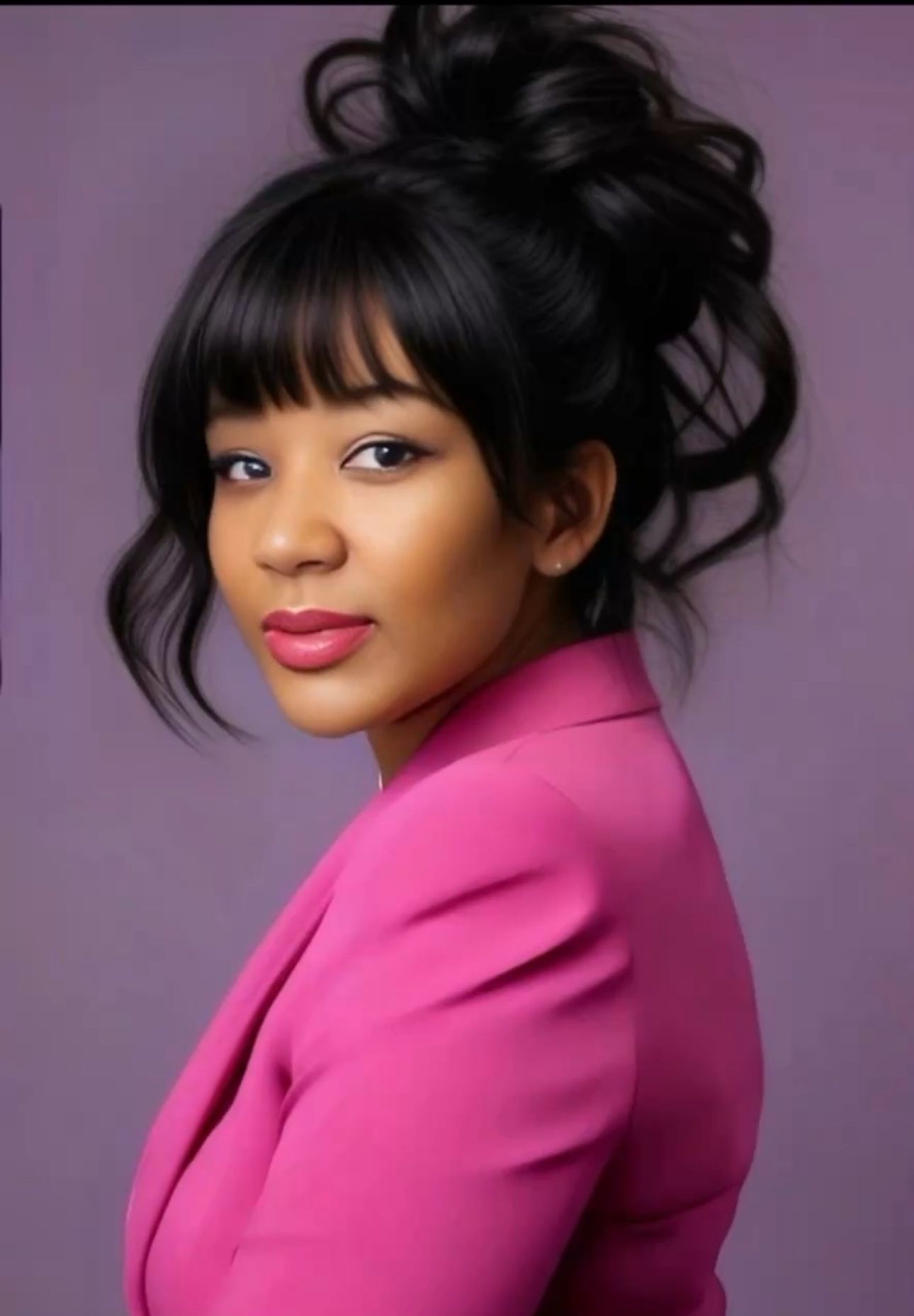 Woman with dark hair in a bun, wearing a pink blazer, looking at the camera.
