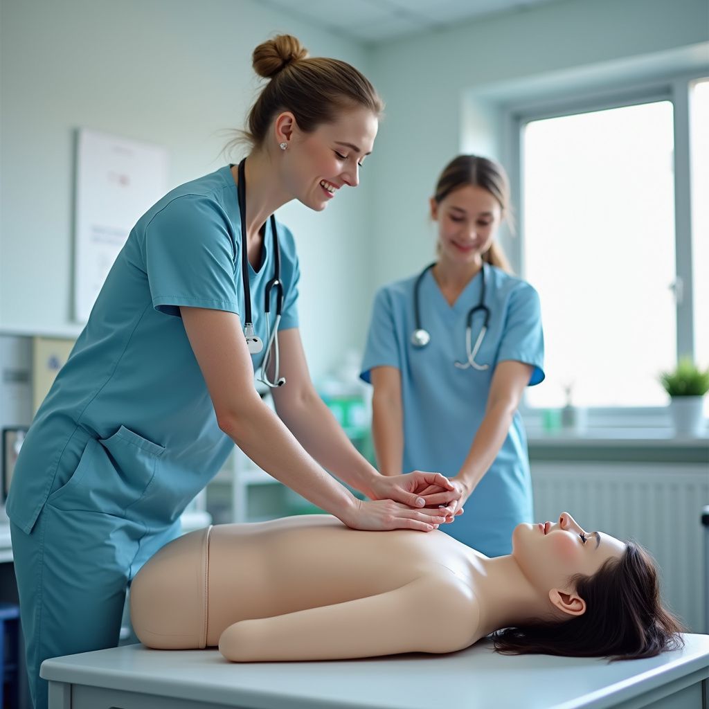 Two nurses practice CPR on a medical mannequin in a clinic setting.