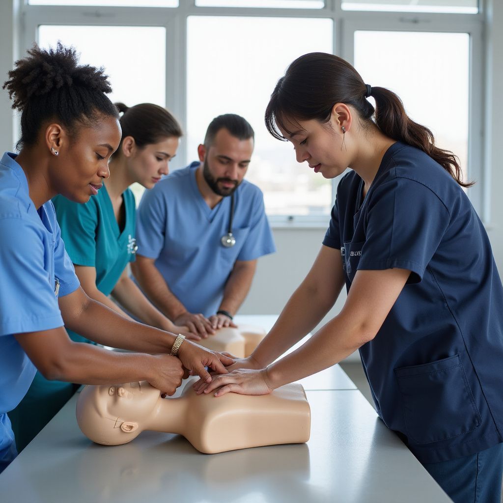 Medical professionals practicing CPR on a mannequin in a training room.