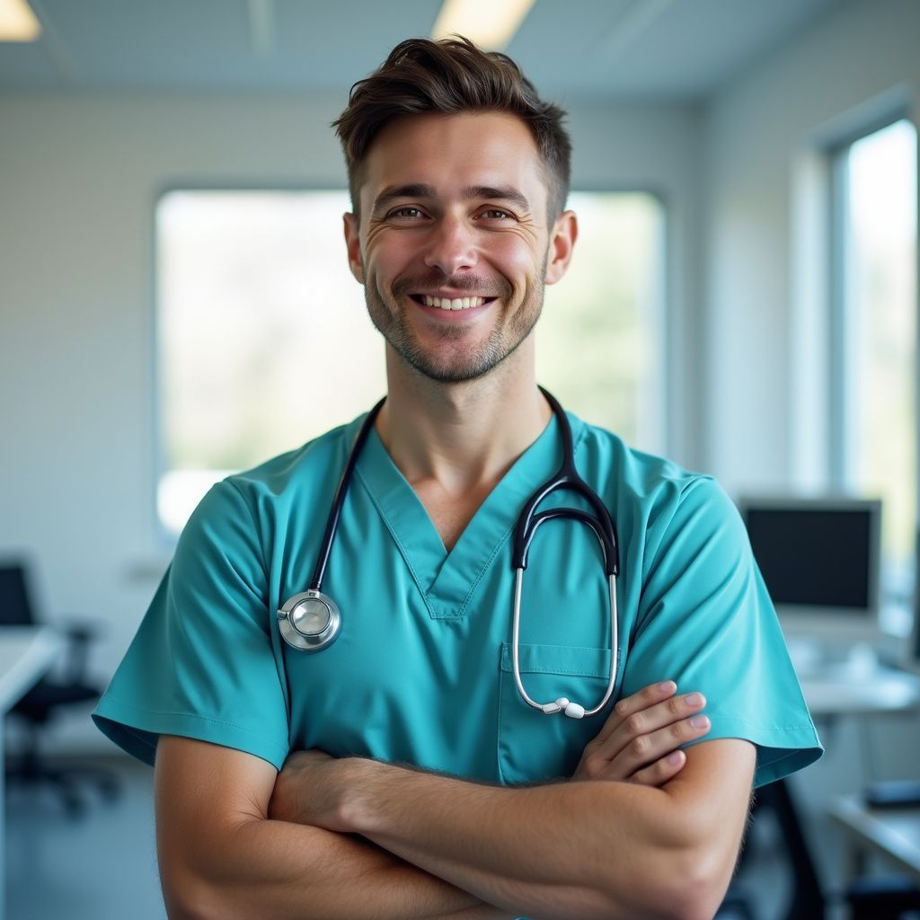 Smiling medical professional with stethoscope, arms crossed in a brightly lit office setting.