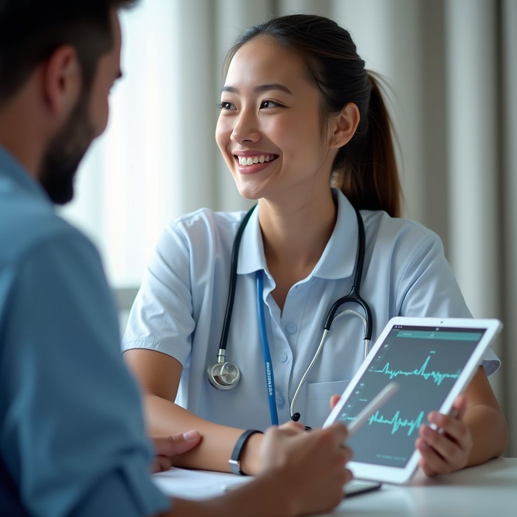 Doctor showing patient medical chart on a tablet; both smiling.