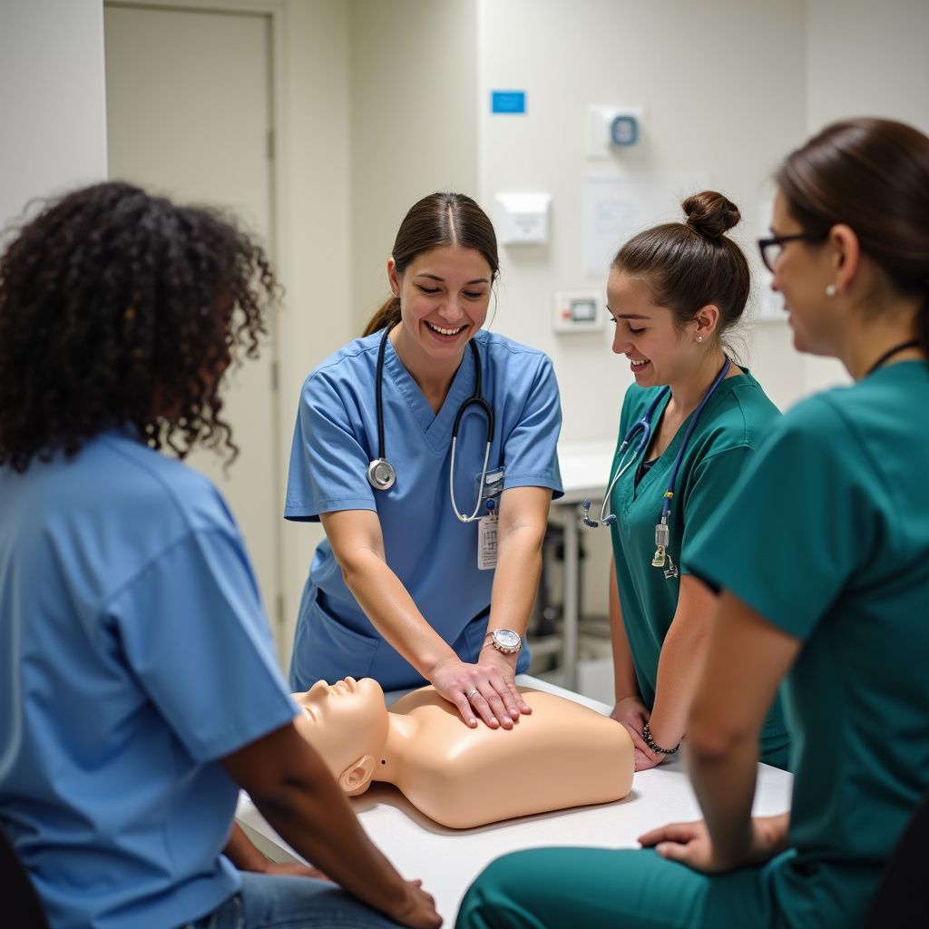 Medical students practice CPR on a mannequin in a training room.
