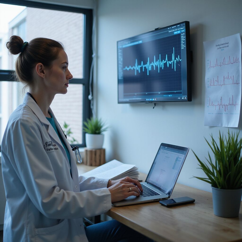 Doctor in a lab coat reviews data on laptop with EKG monitor on wall.