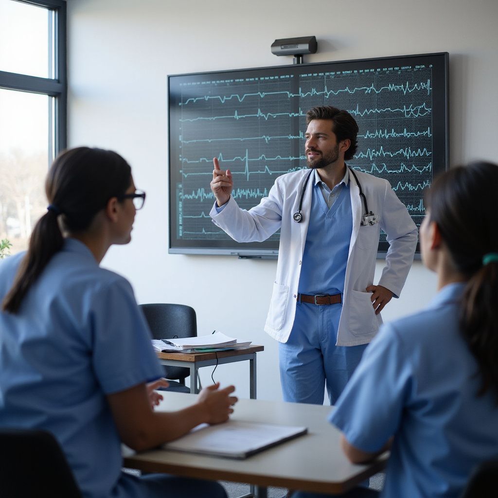 Doctor presenting to two students in a classroom, pointing at a screen displaying medical data.