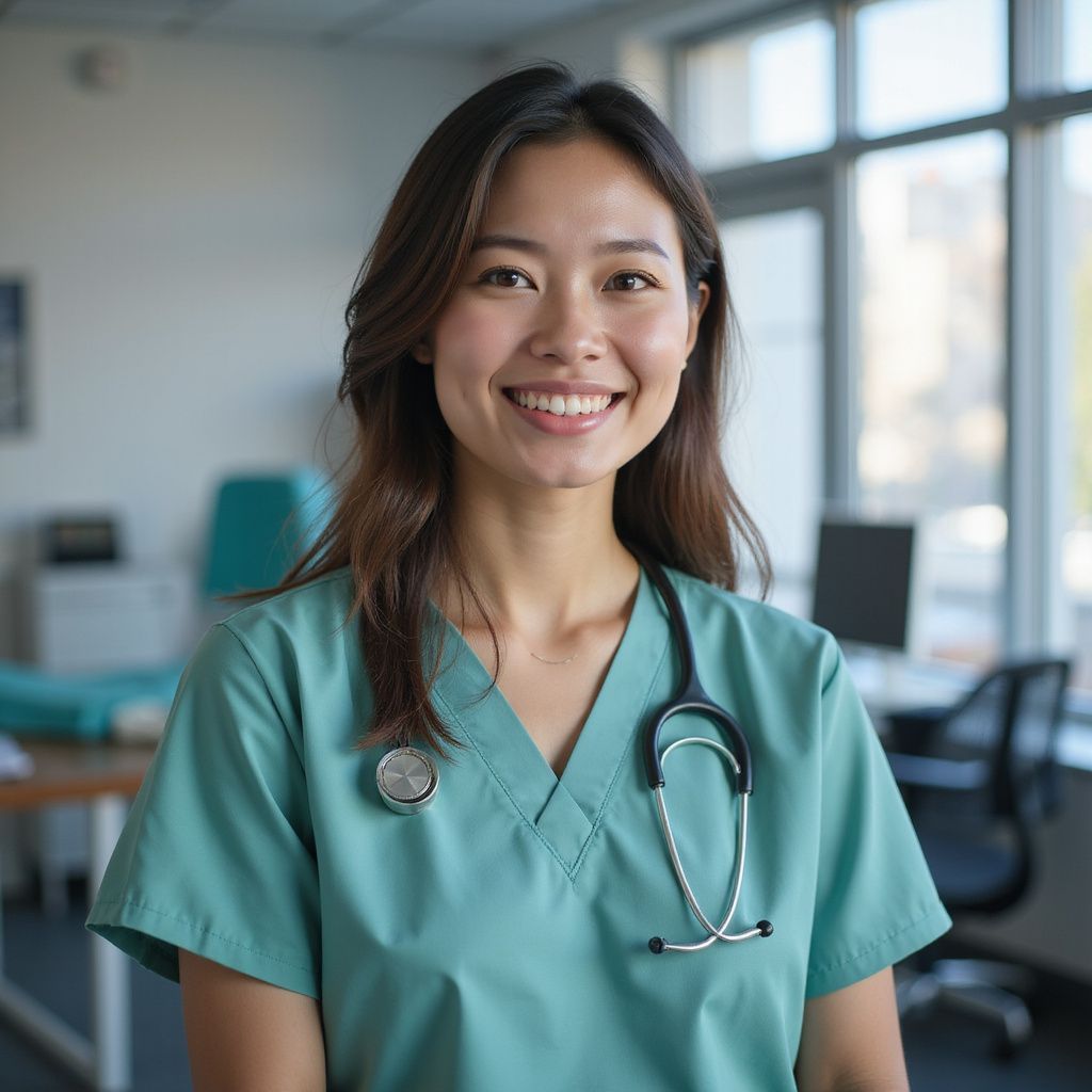 Medical professional with stethoscope smiles in clinic.