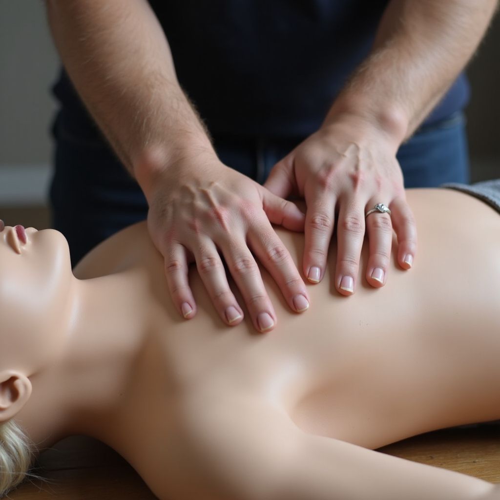 Hands on a torso, performing CPR, on a training mannequin.