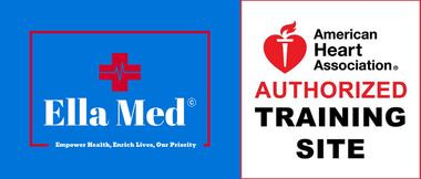 Ella Med logo next to an American Heart Association Authorized Training Site logo.