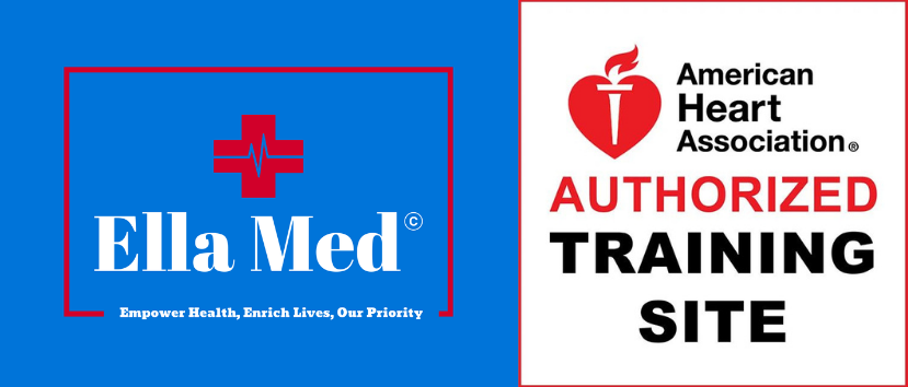 Logos for Ella Med and the American Heart Association Authorized Training Site.