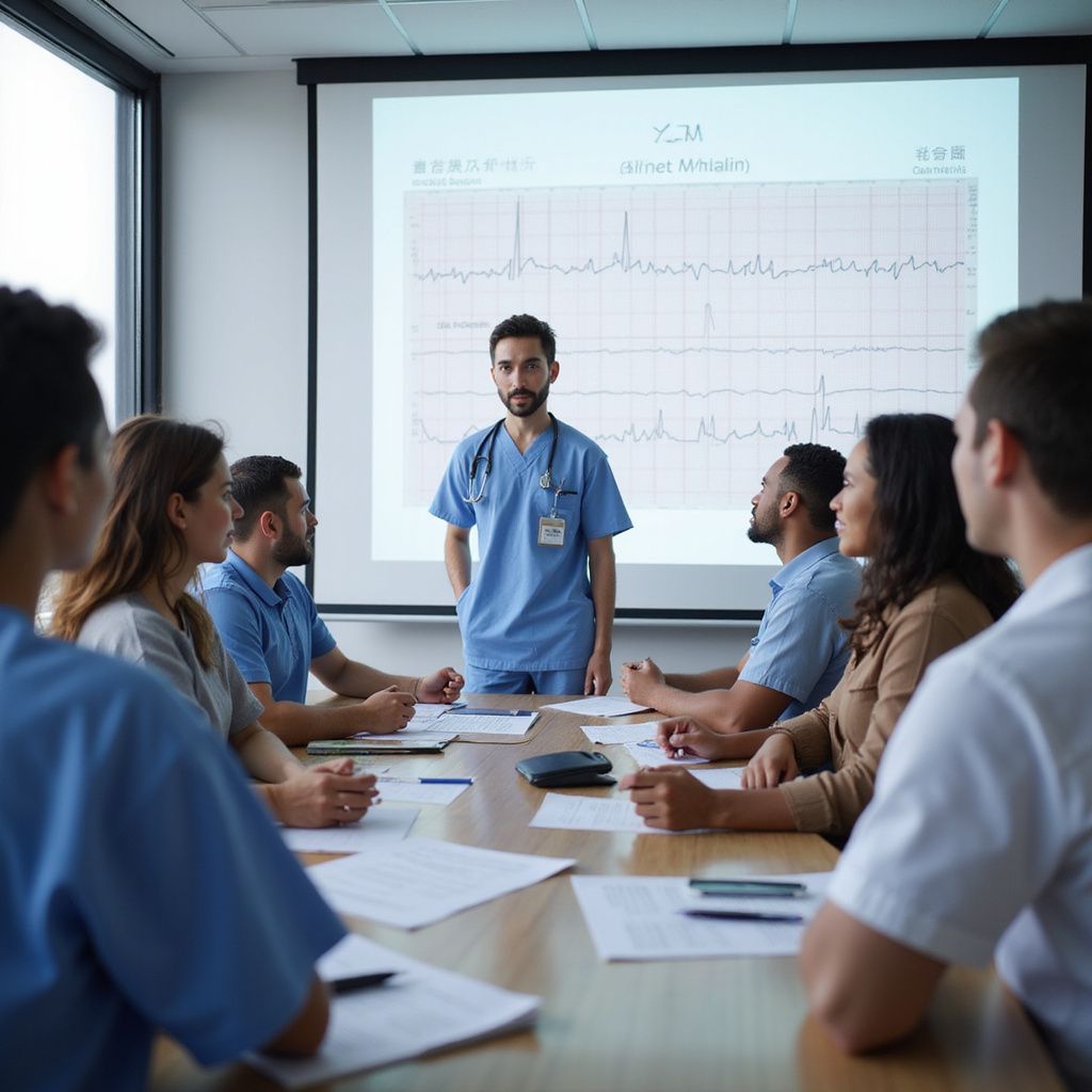 Medical professional giving presentation to colleagues in conference room.