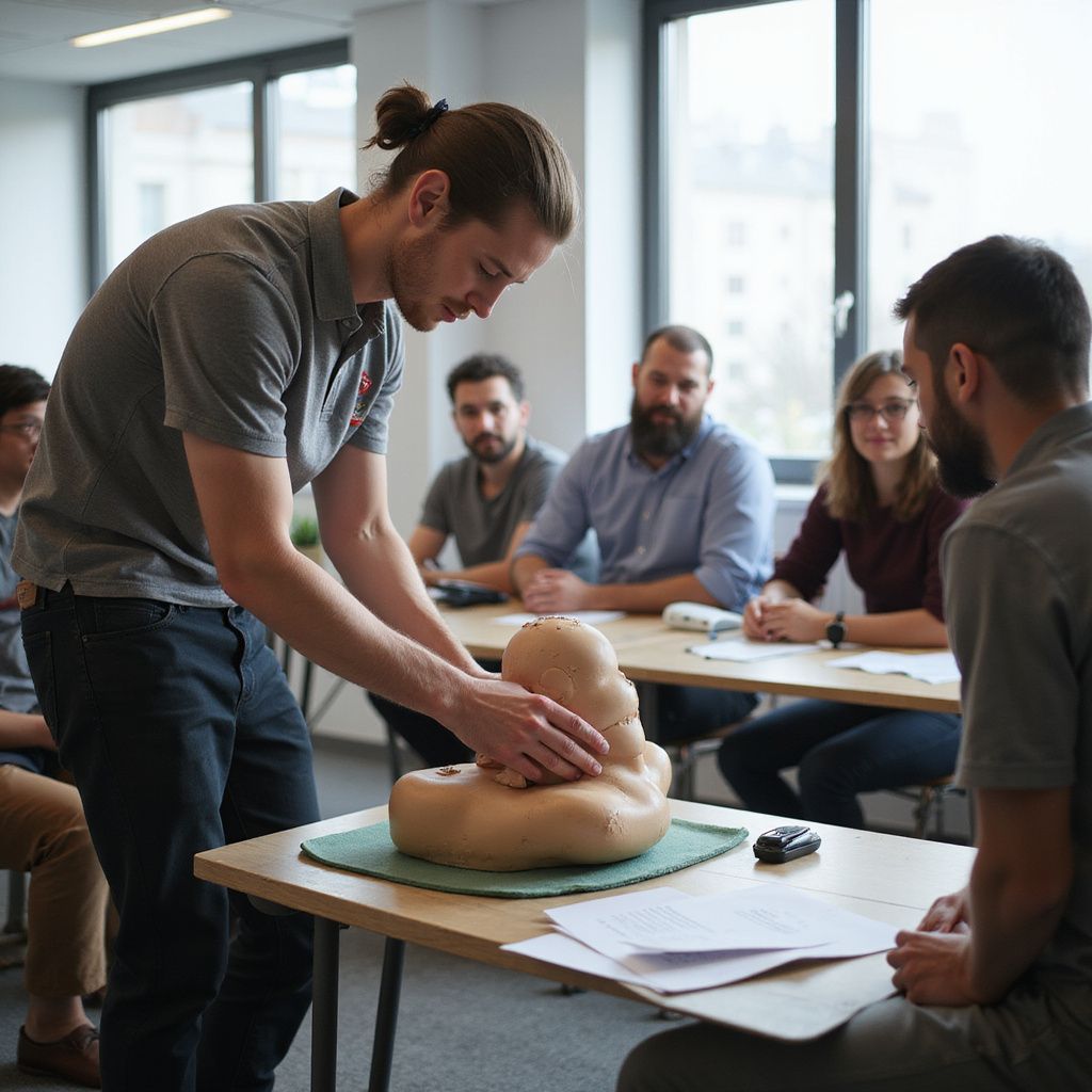 Man demonstrates CPR on a mannequin during a first aid class. Other students watch at a table.