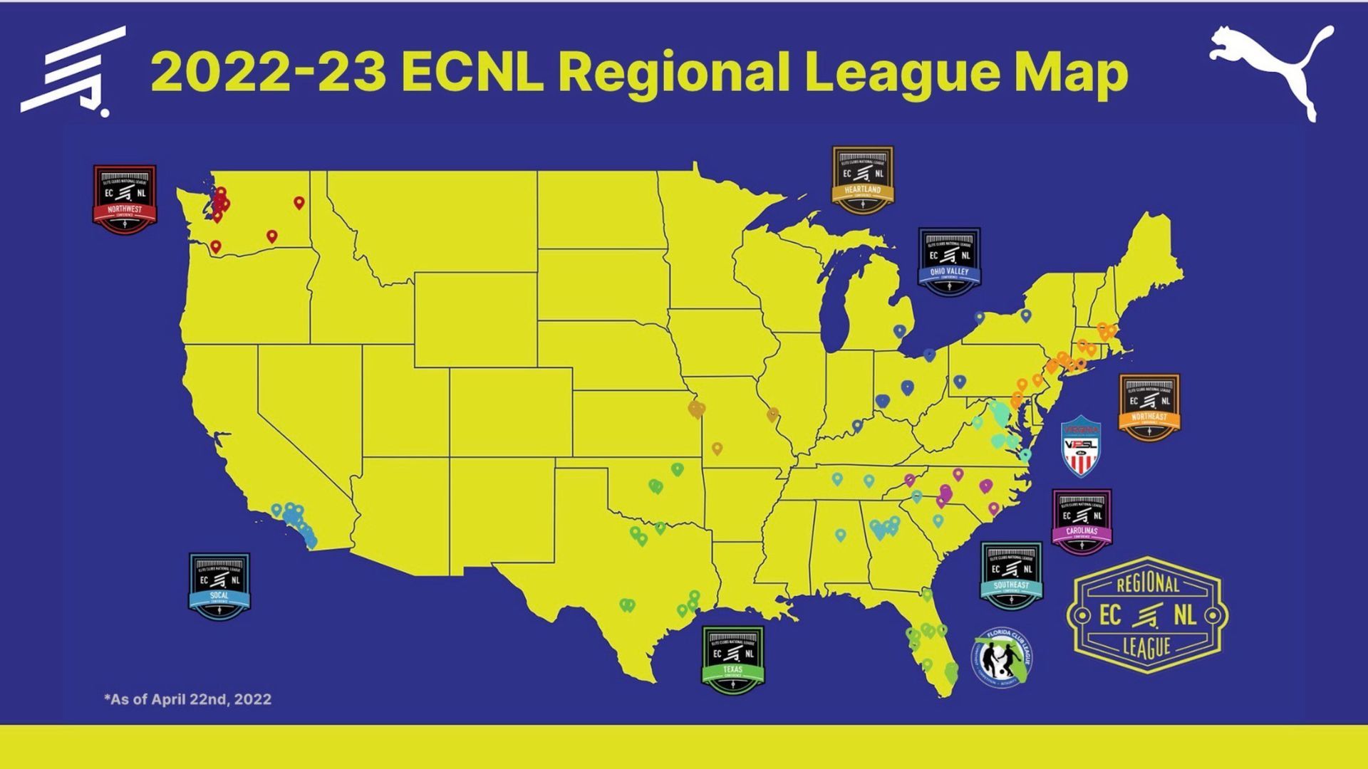 A map of the united states for the 2022-2023 ecnl regional league