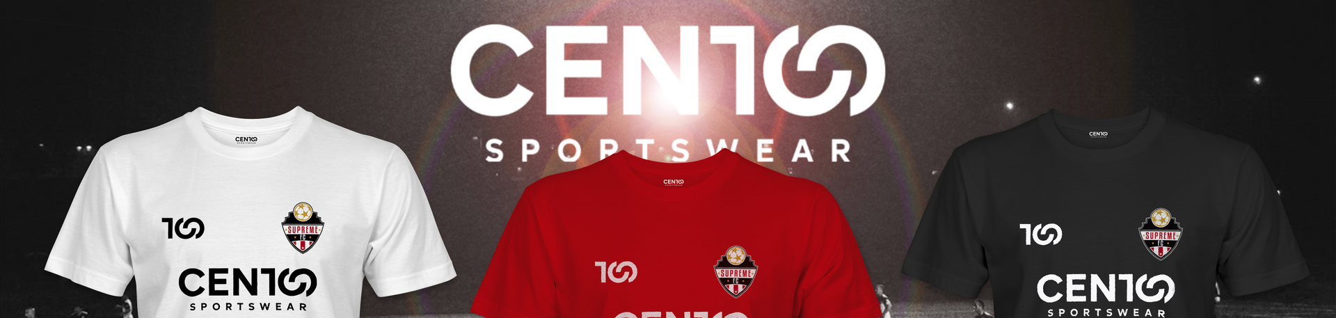 Three shirts are displayed in front of a sign that says cento sportswear