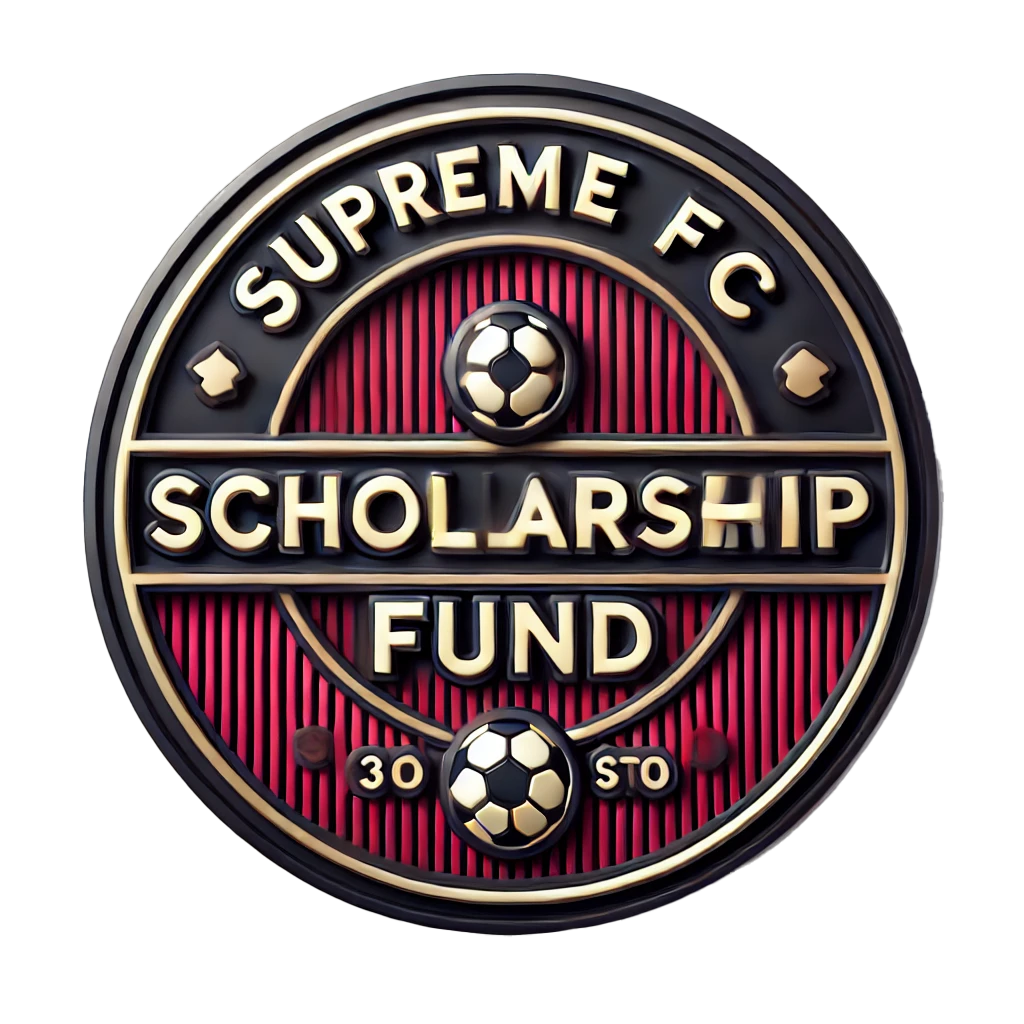 A supreme fc scholarship fund logo with a soccer ball in the center.