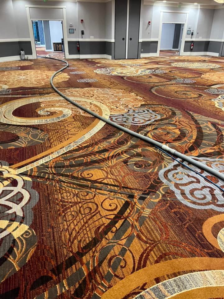 A large room with a carpet and a hose on the floor.